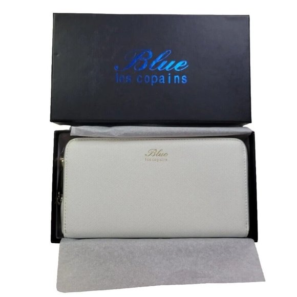 NEW in Box Blue Les Copains Women's White Saffiano Leather Long Zip Up Wallet
